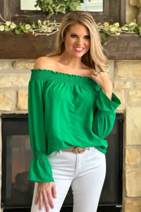 You've Got This Off Shoulder Smocked Top : Green